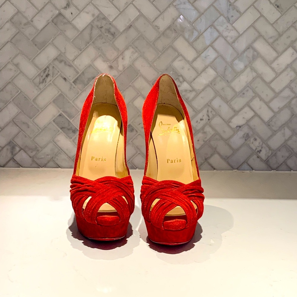 Christian Louboutin red suede platform pumps 38